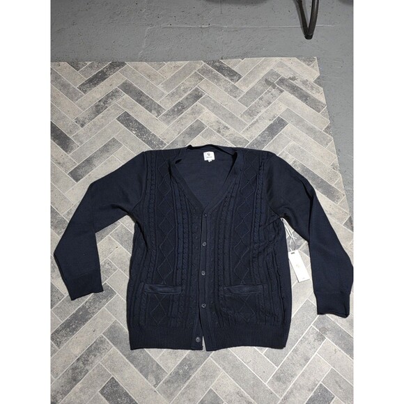 New Craft & Flow Cardigan Sweater Mens XL Blue Navy Cable Knit Pockets Preppy - Picture 3 of 8